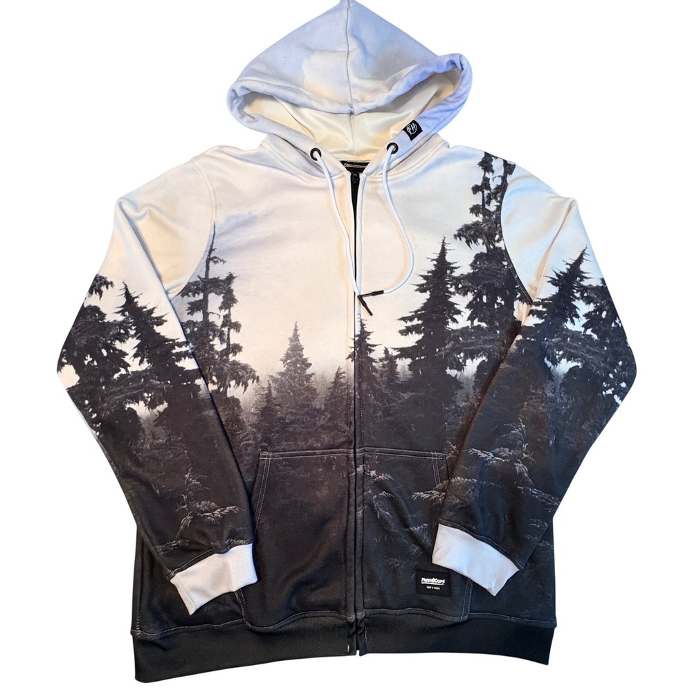 Freshhoods Forest Print Zip Up Hoodie Mens 2XL Black White Pine Tree Streetwear‎